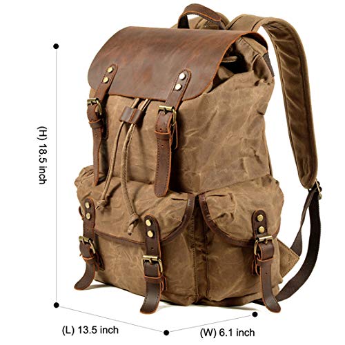 WUDON Leather Backpack for Men, Waxed Canvas Shoulder Rucksack Carry-On Travel Backpack (Khaki) - Image 4