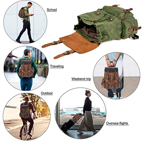 WUDON Leather Backpack for Men, Waxed Canvas Shoulder Rucksack Carry-On Travel Backpack (Khaki) - Image 3