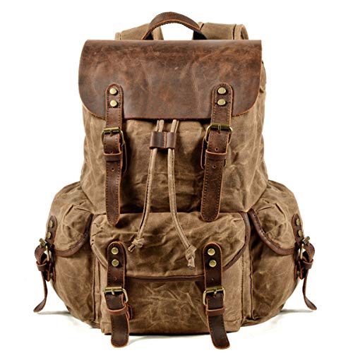 WUDON Leather Backpack for Men, Waxed Canvas Shoulder Rucksack Carry-On Travel Backpack (Khaki) - Image 1