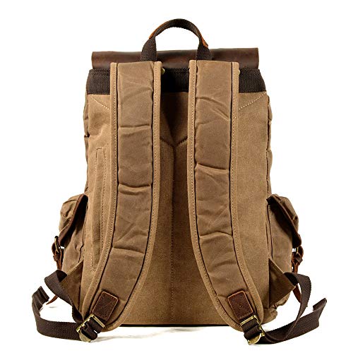 WUDON Leather Backpack for Men, Waxed Canvas Shoulder Rucksack Carry-On Travel Backpack (Khaki) - Image 2
