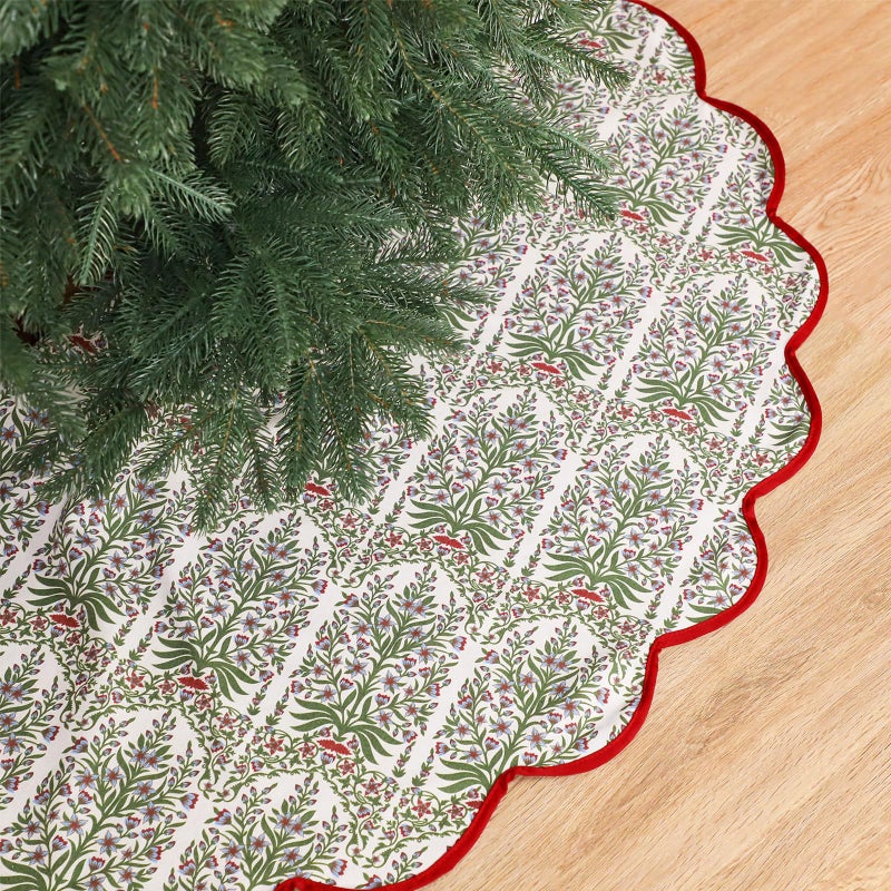 MiniInflat Christmas Tree Skirt Cotton Floral Block Tree Skirt in Nature Color for Home Xmas Party Seasonal Holiday Decoration Indoor Outdoor54 InchRed