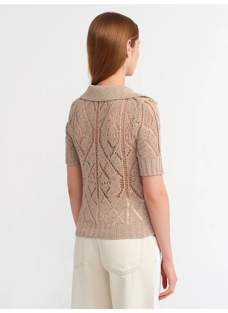 Dilvin 10565 Polo Neck Openwork Knitwear Sweater-Beige