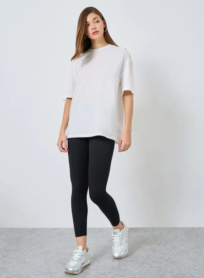 ستايلي ليقنز أسود بخصر متوسط بلون سادة