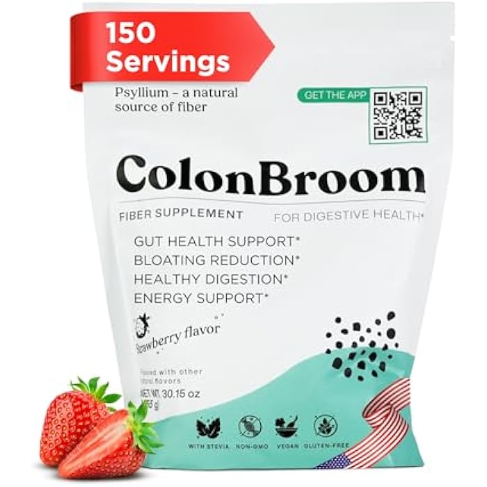 ColonBroom Psyllium Husk Powder (Strawberry, 150 Servings) - Colon Cleanse for Bloating Relief & Gut Health - Colon Broom Fiber Powder Drink - Vegan, Gluten Free, Non-GMO Fiber Powder Supplement - Image 1