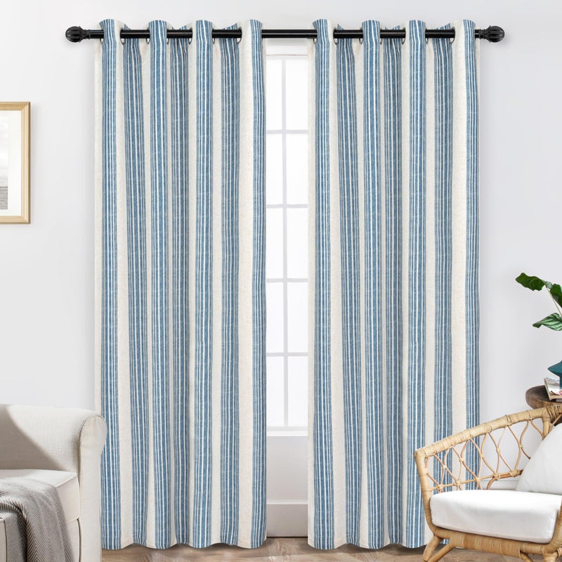 DriftAway Chris Linen Blackout Curtains with Thermal and Sound Reducing Layer 96 Inches Long for Bedroom Striped Printed Drapes Thermal Insulated Lined Window Treatments for Living Room Jean Navy - Image 2
