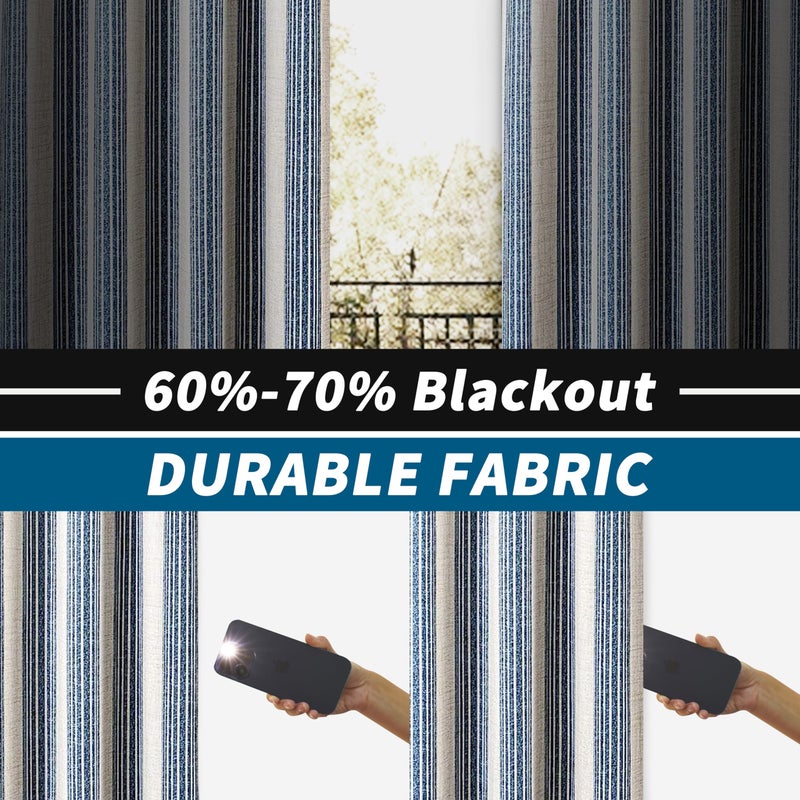 DriftAway Chris Linen Blackout Curtains with Thermal and Sound Reducing Layer 96 Inches Long for Bedroom Striped Printed Drapes Thermal Insulated Lined Window Treatments for Living Room Jean Navy - Image 3