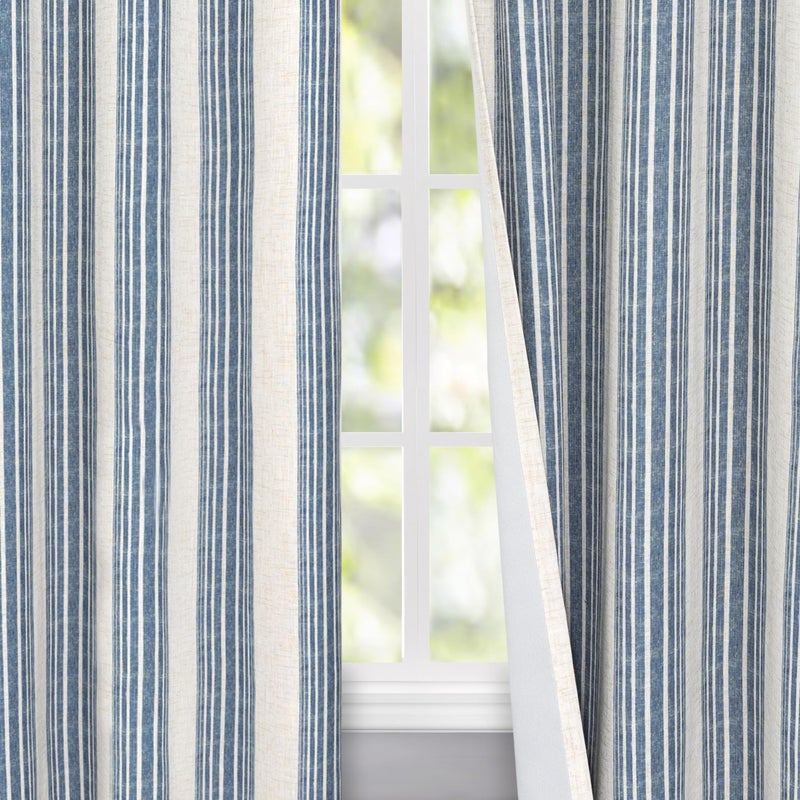 DriftAway Chris Linen Blackout Curtains with Thermal and Sound Reducing Layer 96 Inches Long for Bedroom Striped Printed Drapes Thermal Insulated Lined Window Treatments for Living Room Jean Navy - Image 1