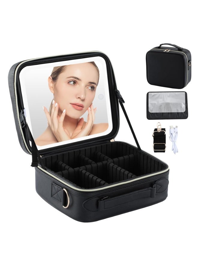 حقيبة مكياج مزودة بمرآة مضيئة، حقيبة مكياج للسفر للنساء وفناني المكياج، منظم مستحضرات تجميل، حقائب مكياج كبيرة 25 × 25 سم مع مرآة مضيئة، 3 ألوان إضاءة، فواصل قابلة للتعديل وحامل فرشاة. - Image 1