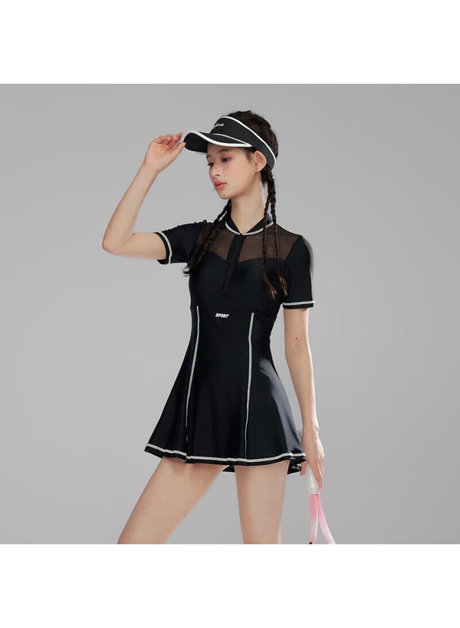 Sanqi Women's Conservative One-piece Swimsuit With Skirt, Tummy Control, Plus Size, Suitable For Hot Springs, Swimming, Black, Size L - Image 5