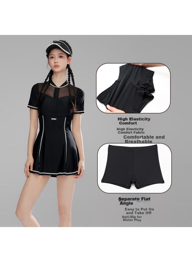 Sanqi Women's Conservative One-piece Swimsuit With Skirt, Tummy Control, Plus Size, Suitable For Hot Springs, Swimming, Black, Size L - Image 2