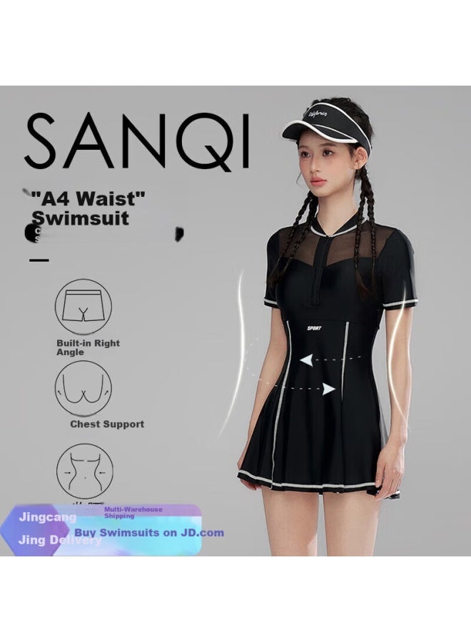Sanqi Women's Conservative One-piece Swimsuit With Skirt, Tummy Control, Plus Size, Suitable For Hot Springs, Swimming, Black, Size L - Image 1