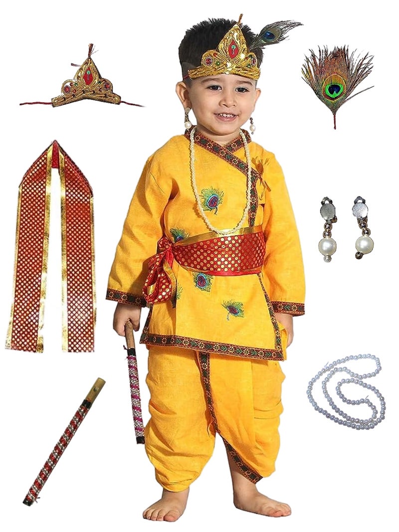 Kaku Fancy Dresses Cotton Krishna Costume For Kids|Kids Krishna Dress For Janmashtami/Kanha/Krishnaleela/Mythological Character Krishna Fancy Dress Costume For Boys/Girls - Yellow (12 Months) - Image 2
