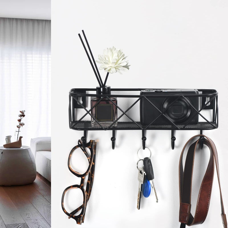 HappyHapi Key Holder for Wall Decorative, Entryway Key Hooks, Wall Mounted Key Rack with 5 Hooks, Metal Wire Mesh Basket Mail Holder, 9.8â€Lx2.1â€Wx4.1â€H - Image 4