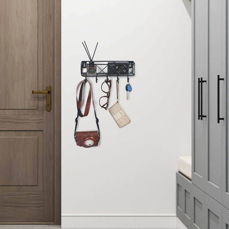 HappyHapi Key Holder for Wall Decorative, Entryway Key Hooks, Wall Mounted Key Rack with 5 Hooks, Metal Wire Mesh Basket Mail Holder, 9.8â€Lx2.1â€Wx4.1â€H - Image 5