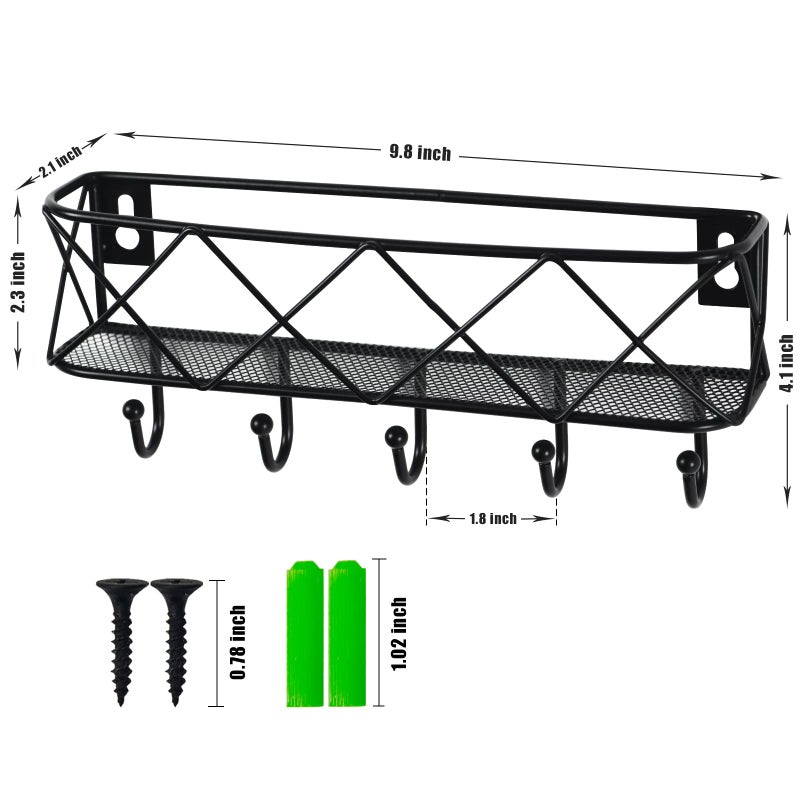 HappyHapi Key Holder for Wall Decorative, Entryway Key Hooks, Wall Mounted Key Rack with 5 Hooks, Metal Wire Mesh Basket Mail Holder, 9.8â€Lx2.1â€Wx4.1â€H - Image 2