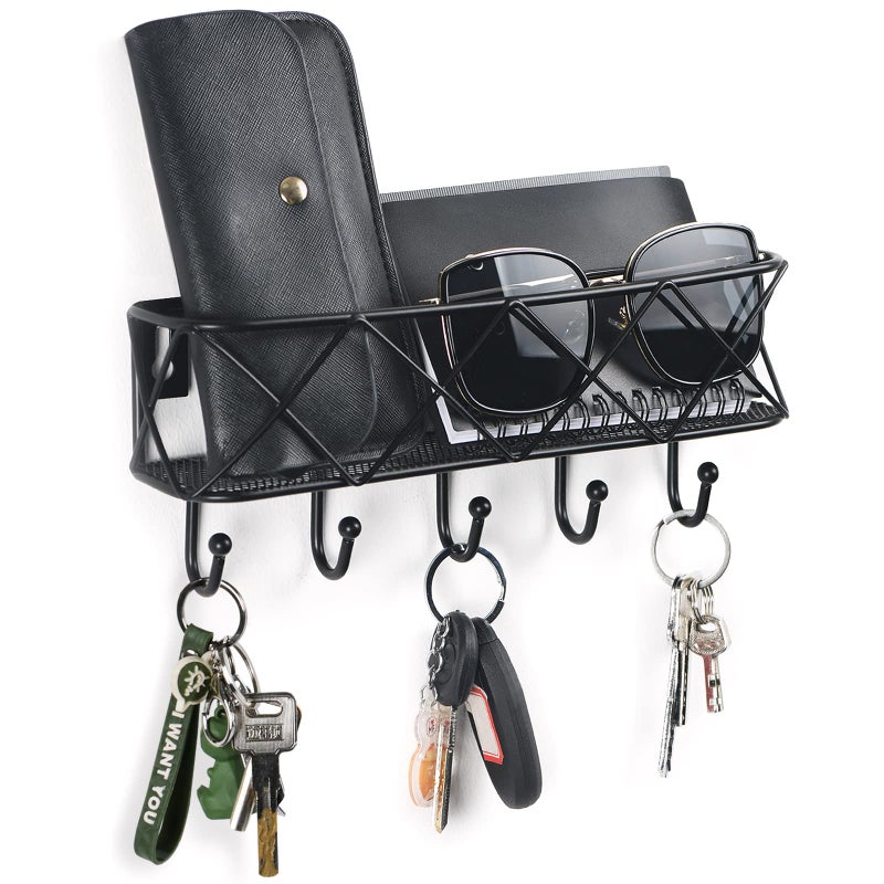 HappyHapi Key Holder for Wall Decorative, Entryway Key Hooks, Wall Mounted Key Rack with 5 Hooks, Metal Wire Mesh Basket Mail Holder, 9.8â€Lx2.1â€Wx4.1â€H - Image 1