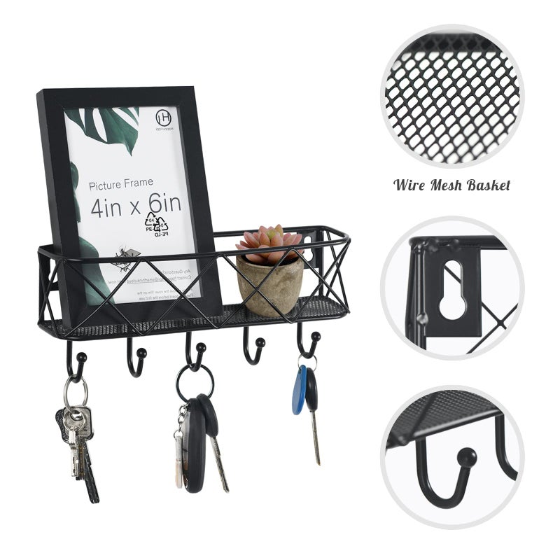 HappyHapi Key Holder for Wall Decorative, Entryway Key Hooks, Wall Mounted Key Rack with 5 Hooks, Metal Wire Mesh Basket Mail Holder, 9.8â€Lx2.1â€Wx4.1â€H - Image 3
