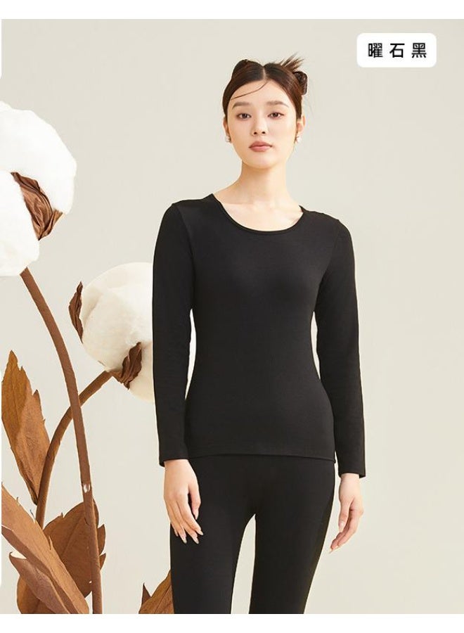 NIBEMINENT طقم ملابس داخلية حرارية نسائية من قطعتين بألوان صلبة برقبة دائرية لفصلي الخريف والشتاء للنوم المريح والعملي - Image 1