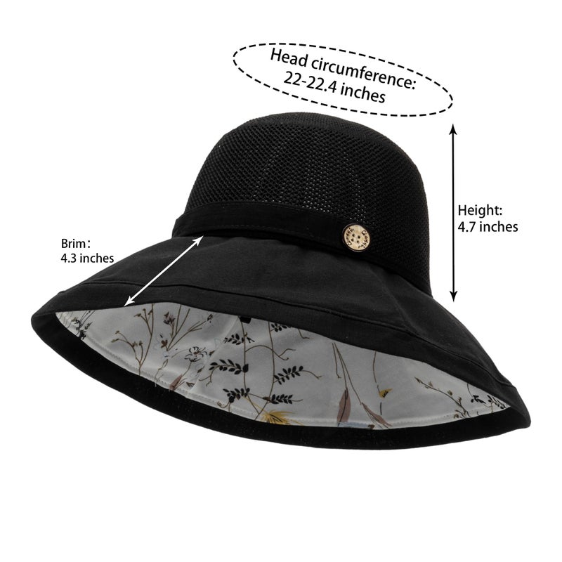 Eohak Women's-Mesh-Sun-Hats Wide-Brim Summer Beach Bucket Caps for Girls Outdoor-UV-Protection Foldable-Fishing-Hat Chin Strap Black - Image 2