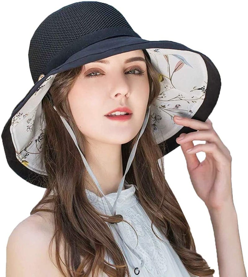 Eohak Women's-Mesh-Sun-Hats Wide-Brim Summer Beach Bucket Caps for Girls Outdoor-UV-Protection Foldable-Fishing-Hat Chin Strap Black - Image 3