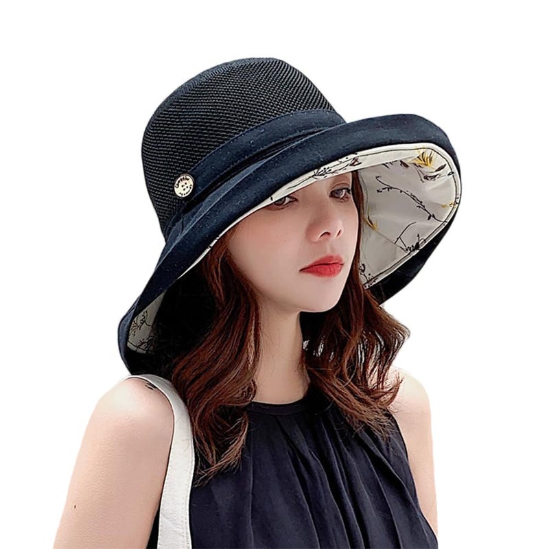 Eohak Women's-Mesh-Sun-Hats Wide-Brim Summer Beach Bucket Caps for Girls Outdoor-UV-Protection Foldable-Fishing-Hat Chin Strap Black - Image 5