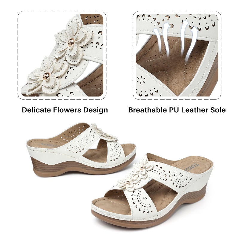 TEMOFON Womens Wedge Sandals Leather: Casual Dressy Women White Summer Platform Wedge Sandals Slip on Low Heels Comfortable Walking Size 9 - Image 4