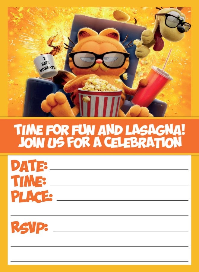 NATURAL BEHAVIOUR 20x Lazy Orange Cat Inspired Birthday Invitations and Envelopes – Fill-in Happy Birthday Party Invitations for Kids, 6X4 Inches, Postcard Style - Image 1