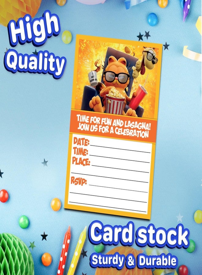 NATURAL BEHAVIOUR 20x Lazy Orange Cat Inspired Birthday Invitations and Envelopes – Fill-in Happy Birthday Party Invitations for Kids, 6X4 Inches, Postcard Style - Image 3