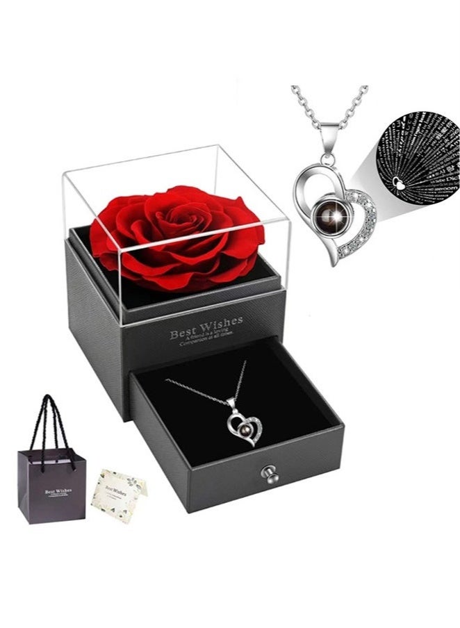 عربست وردة محفوظة مع قلادة على شكل قلب، أحبك بـ 100 لغة، هدية عيد ميلاد لأمها أو صديقتها أو زوجتها أو جدتها، ورود حمراء حقيقية أبدية في صندوق، هدية رومانسية بمناسبة ذكرى الزواج، صندوق هدايا عيد الأم للنساء - Image 1