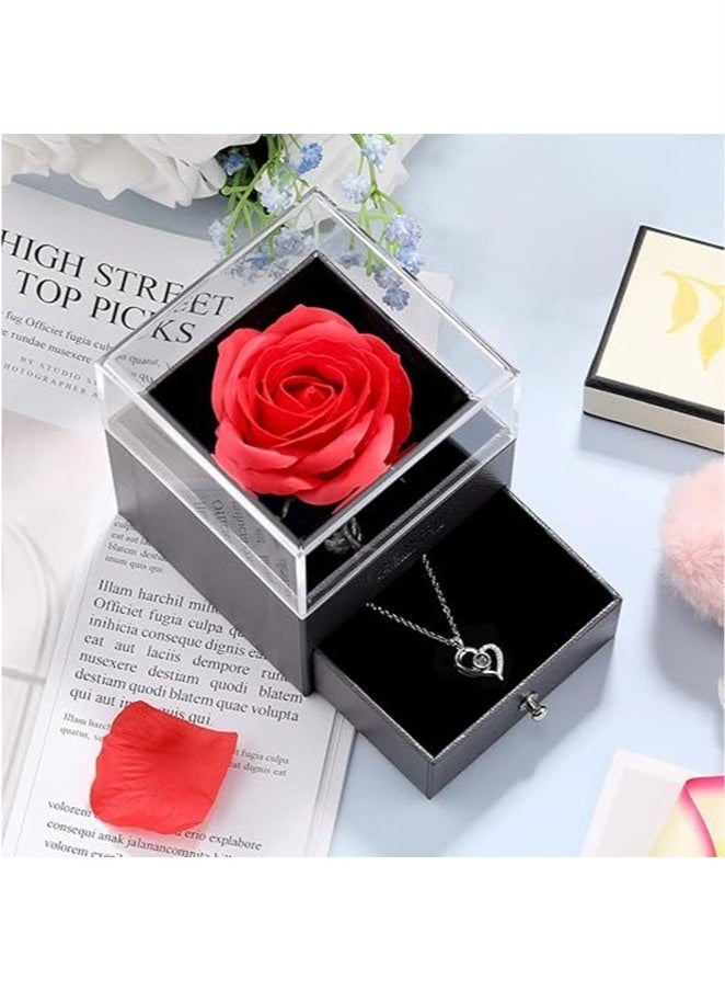 عربست وردة محفوظة مع قلادة على شكل قلب، أحبك بـ 100 لغة، هدية عيد ميلاد لأمها أو صديقتها أو زوجتها أو جدتها، ورود حمراء حقيقية أبدية في صندوق، هدية رومانسية بمناسبة ذكرى الزواج، صندوق هدايا عيد الأم للنساء - Image 2