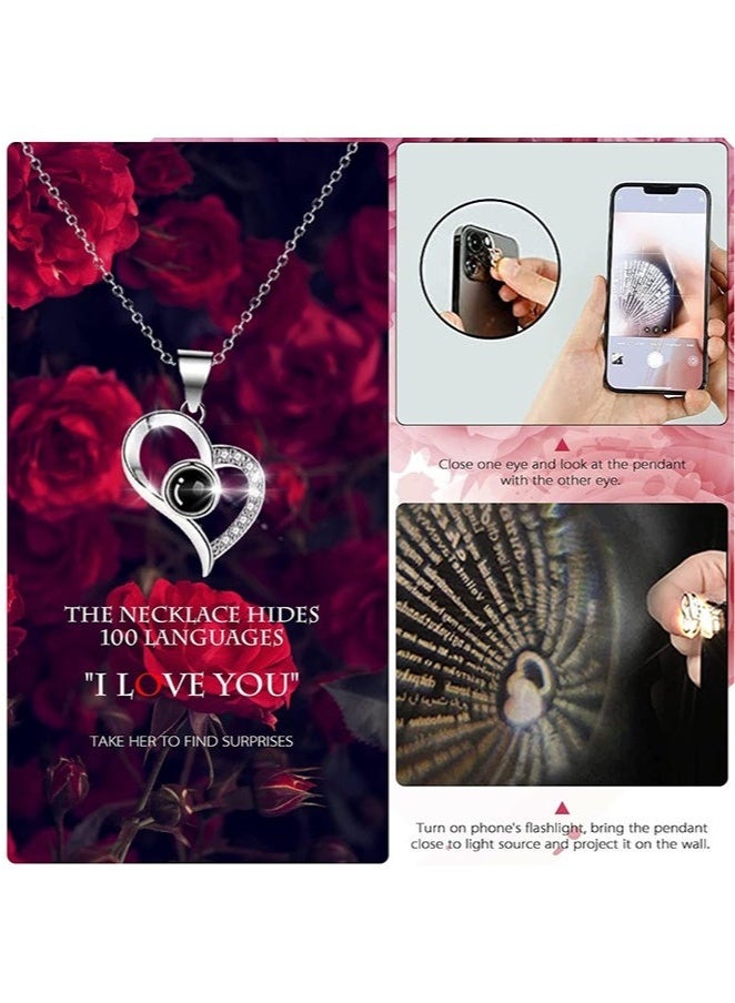 عربست وردة محفوظة مع قلادة على شكل قلب، أحبك بـ 100 لغة، هدية عيد ميلاد لأمها أو صديقتها أو زوجتها أو جدتها، ورود حمراء حقيقية أبدية في صندوق، هدية رومانسية بمناسبة ذكرى الزواج، صندوق هدايا عيد الأم للنساء - Image 4