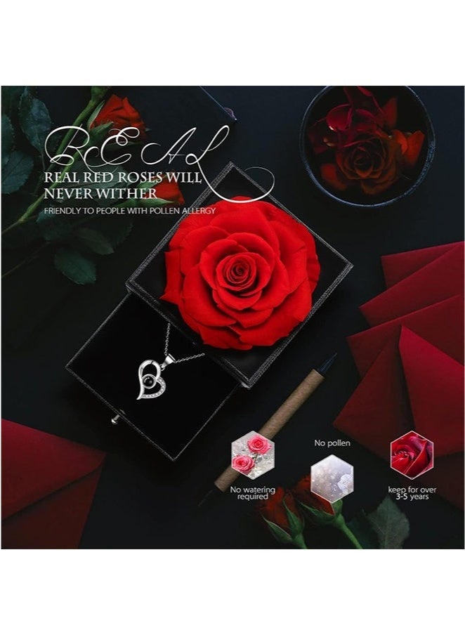 عربست وردة محفوظة مع قلادة على شكل قلب، أحبك بـ 100 لغة، هدية عيد ميلاد لأمها أو صديقتها أو زوجتها أو جدتها، ورود حمراء حقيقية أبدية في صندوق، هدية رومانسية بمناسبة ذكرى الزواج، صندوق هدايا عيد الأم للنساء - Image 5