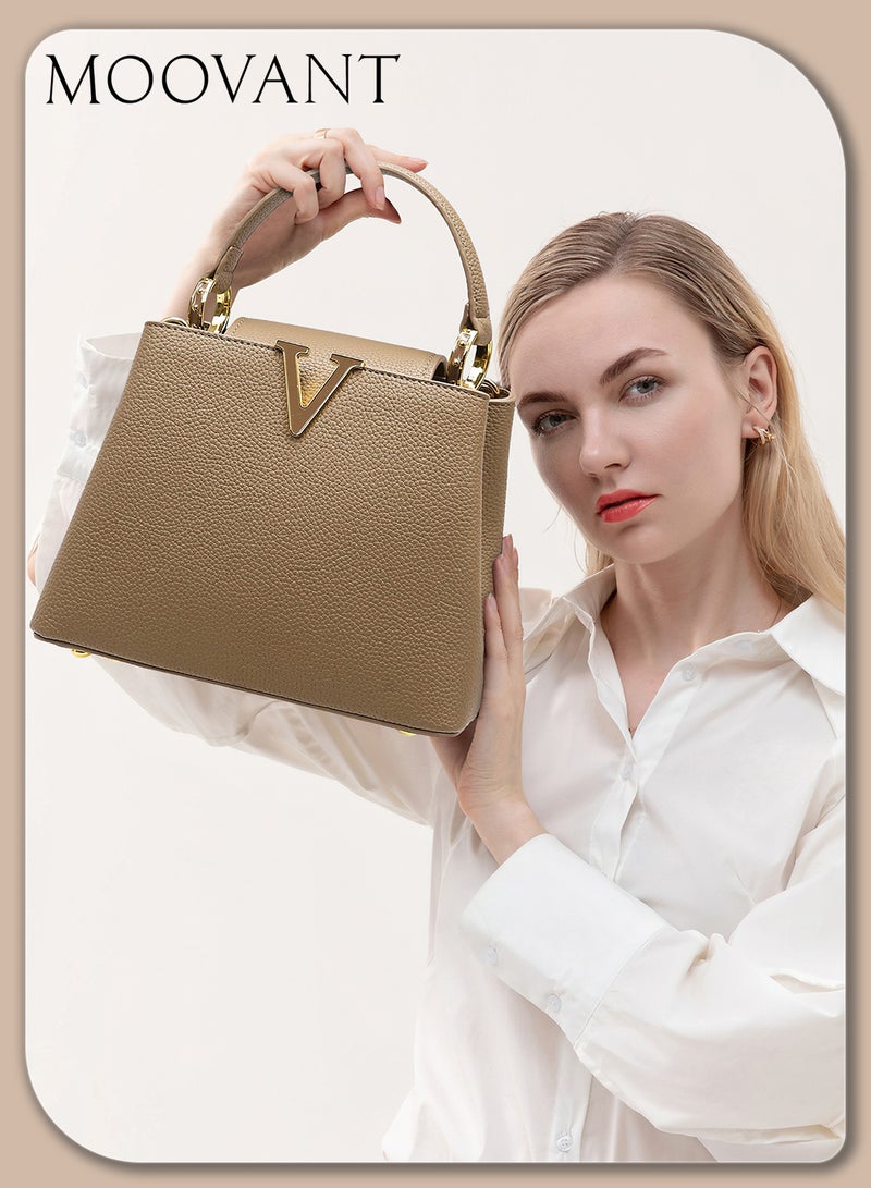 Moovant Elegant Handbag for Women, Premium V Design Crossbody Bag, Textured Wear Resistant Women's Commuter Bag, PU Material, 22.5x10x17 CM, Khaki  - Image 1