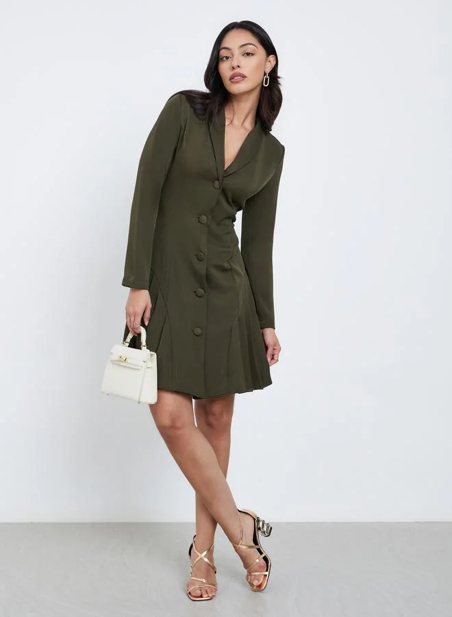 Styli Olive Pleated Blazer Knee Length Dress