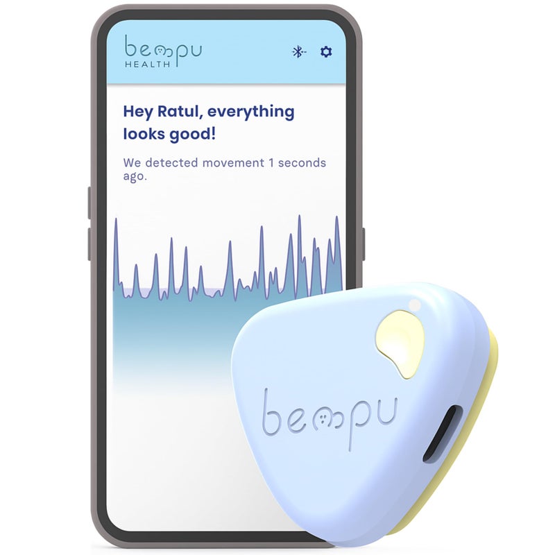 Bempu جهاز مراقبة حركة السرة للأطفال لراحة البال مع اهتزاز لطيف، تنبيهات عبر التطبيق، مشبك سهل، تصميم محمول وآمن للأطفال (أزرق) - Image 1