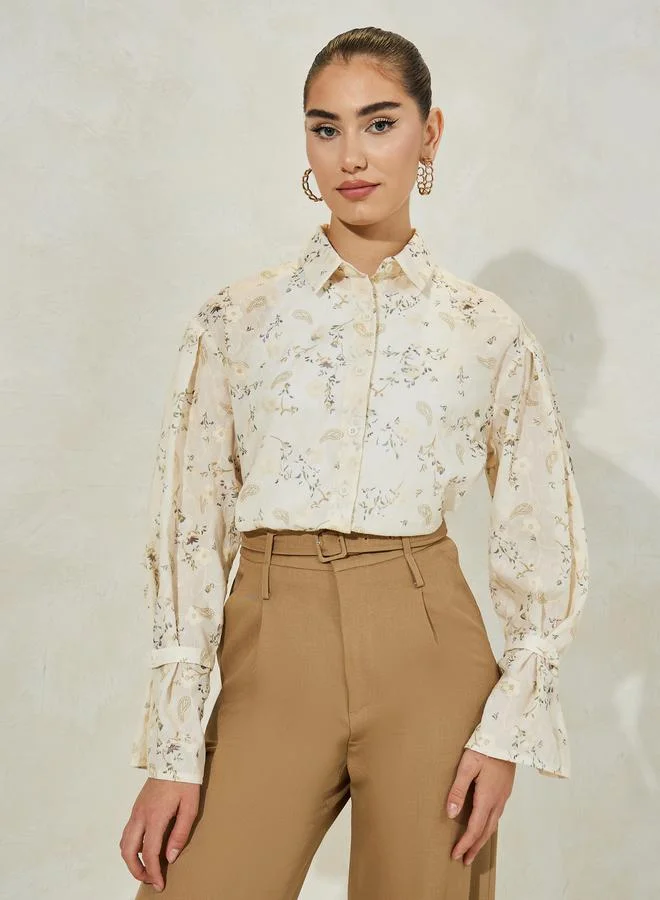 Styli Floral Embroidered Shirt with Flared Sleeves