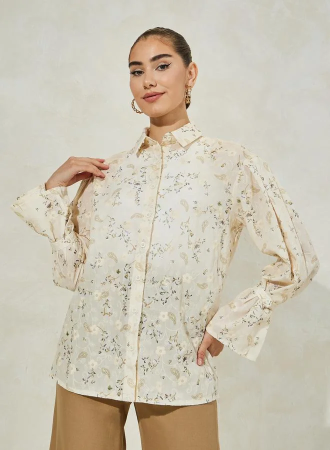 Styli Floral Embroidered Shirt with Flared Sleeves