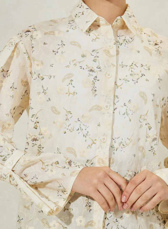 Styli Floral Embroidered Shirt with Flared Sleeves