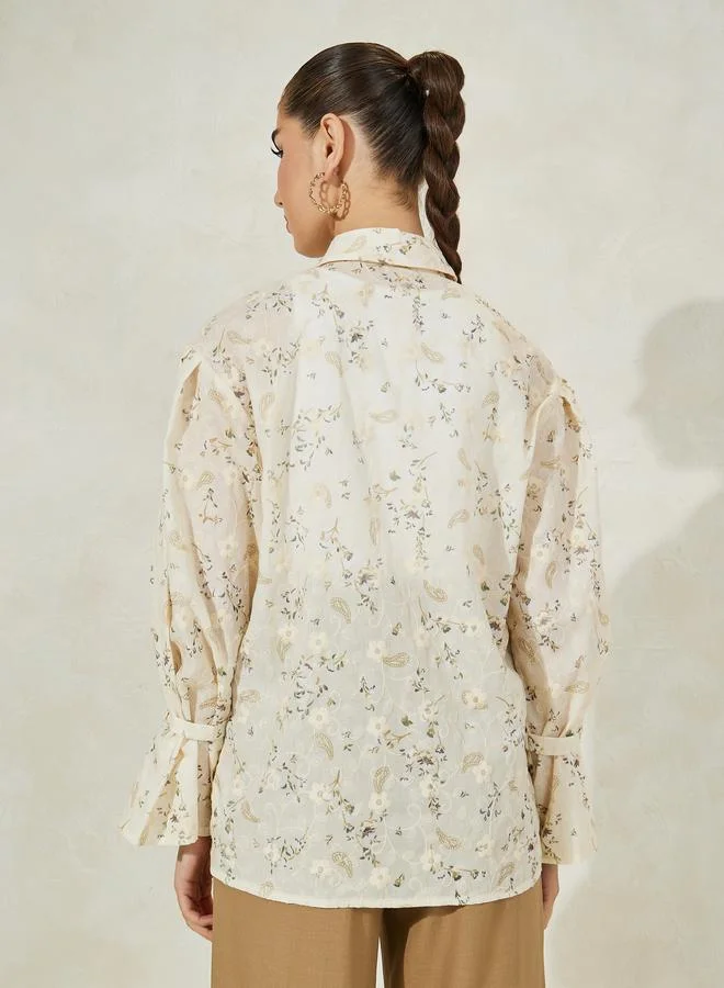 Styli Floral Embroidered Shirt with Flared Sleeves