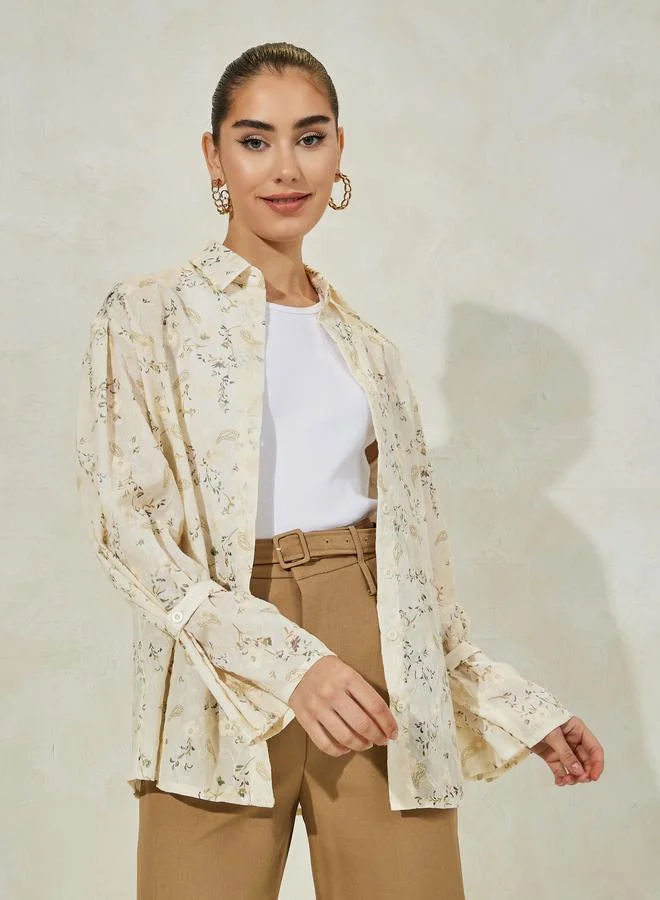 Styli Floral Embroidered Shirt with Flared Sleeves