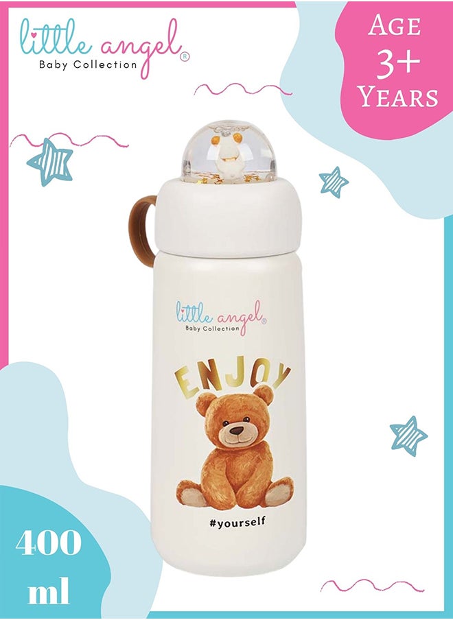 Little Angel Kids Water Bottle Stainless Steel - Cute Bear Design, White  - Image 1