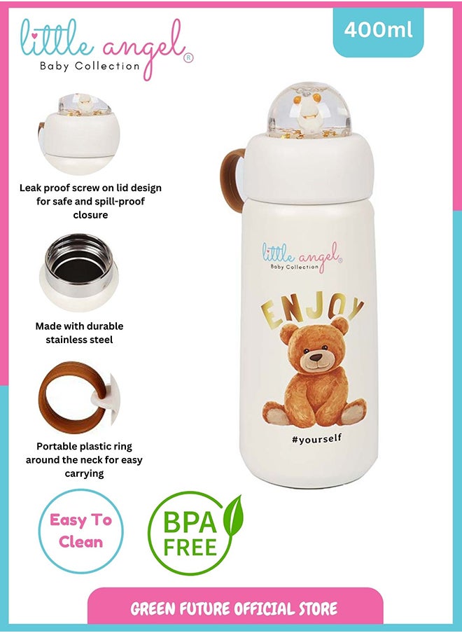 Little Angel Kids Water Bottle Stainless Steel - Cute Bear Design, White  - Image 2