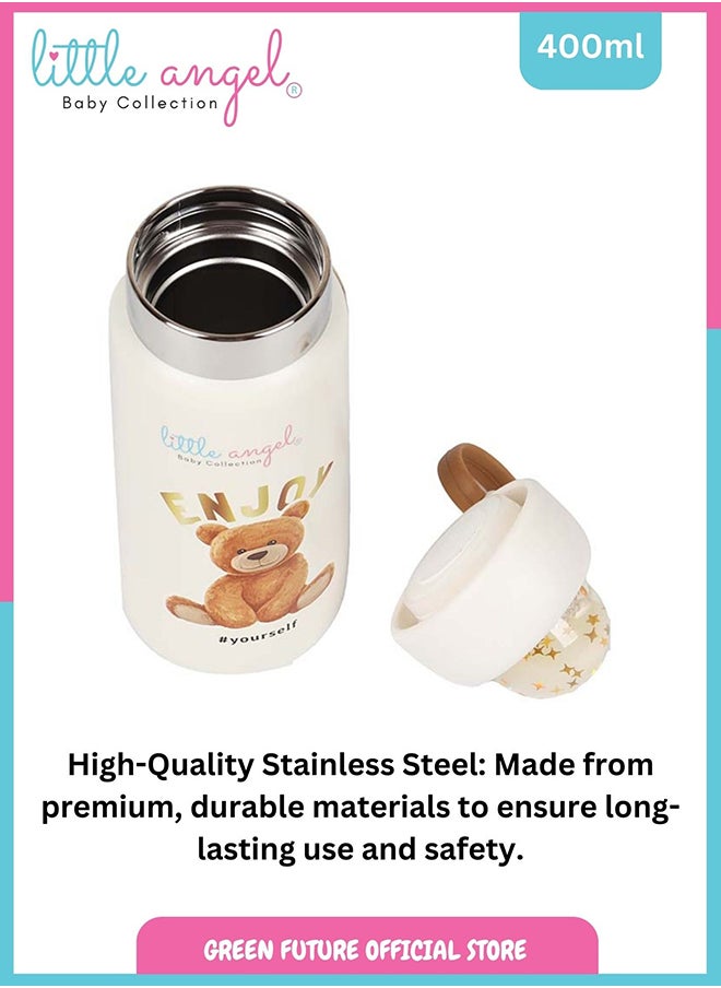Little Angel Kids Water Bottle Stainless Steel - Cute Bear Design, White  - Image 3