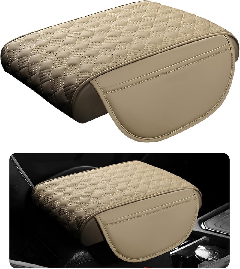 Car Armrest Cushion, 12.2"×8.3" Leather Auto Memory Foam Center Console Pad with Storage Pocket, Waterproof & Anti-Scratch Elbow Pillow Armrest Seat Box Protector, Universal Fit (Beige) - Image 1