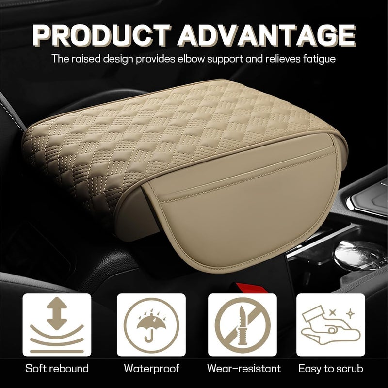 Car Armrest Cushion, 12.2"×8.3" Leather Auto Memory Foam Center Console Pad with Storage Pocket, Waterproof & Anti-Scratch Elbow Pillow Armrest Seat Box Protector, Universal Fit (Beige) - Image 3