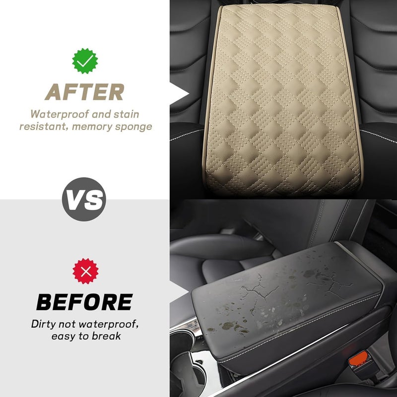 Car Armrest Cushion, 12.2"×8.3" Leather Auto Memory Foam Center Console Pad with Storage Pocket, Waterproof & Anti-Scratch Elbow Pillow Armrest Seat Box Protector, Universal Fit (Beige) - Image 4