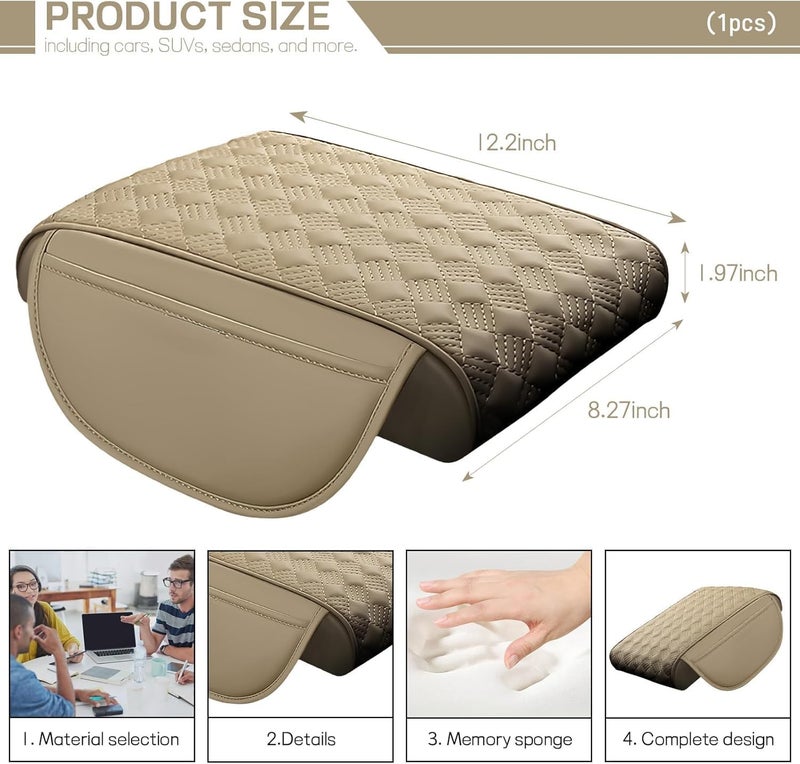 Car Armrest Cushion, 12.2"×8.3" Leather Auto Memory Foam Center Console Pad with Storage Pocket, Waterproof & Anti-Scratch Elbow Pillow Armrest Seat Box Protector, Universal Fit (Beige) - Image 2
