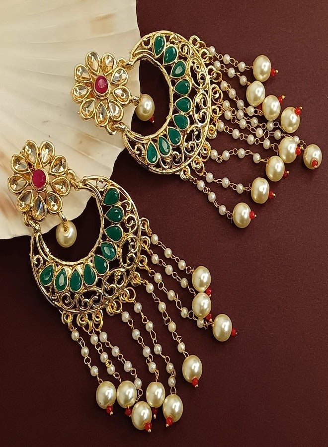 Efulgenz Indian Earrings for Women Indian Jewelry Bollywood Antique Floral Kundan Beaded Faux Pearl Tassel Big Dangle Chandelier Earrings Set - Image 2