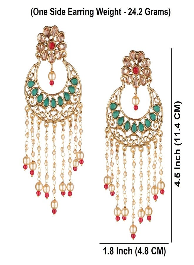 Efulgenz Indian Earrings for Women Indian Jewelry Bollywood Antique Floral Kundan Beaded Faux Pearl Tassel Big Dangle Chandelier Earrings Set - Image 4