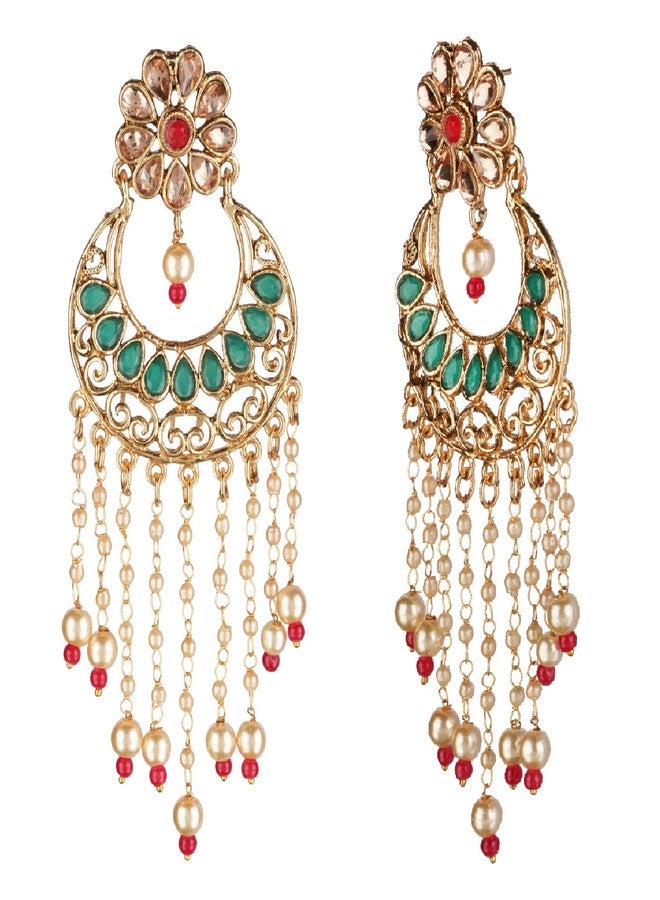 Efulgenz Indian Earrings for Women Indian Jewelry Bollywood Antique Floral Kundan Beaded Faux Pearl Tassel Big Dangle Chandelier Earrings Set - Image 5